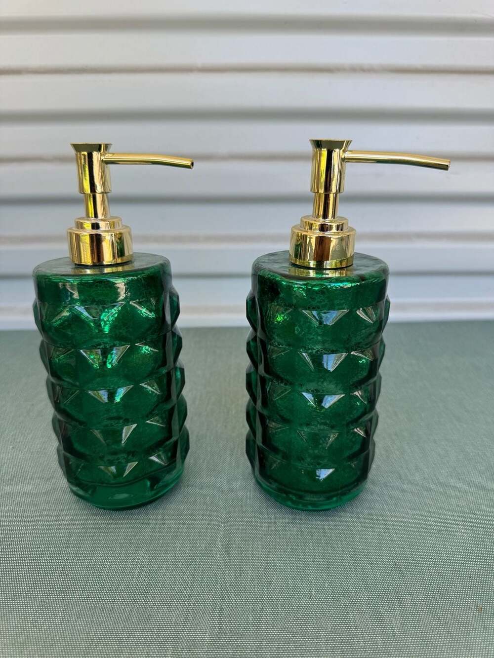 2 Pc Green Glass Soap Dispenser Set